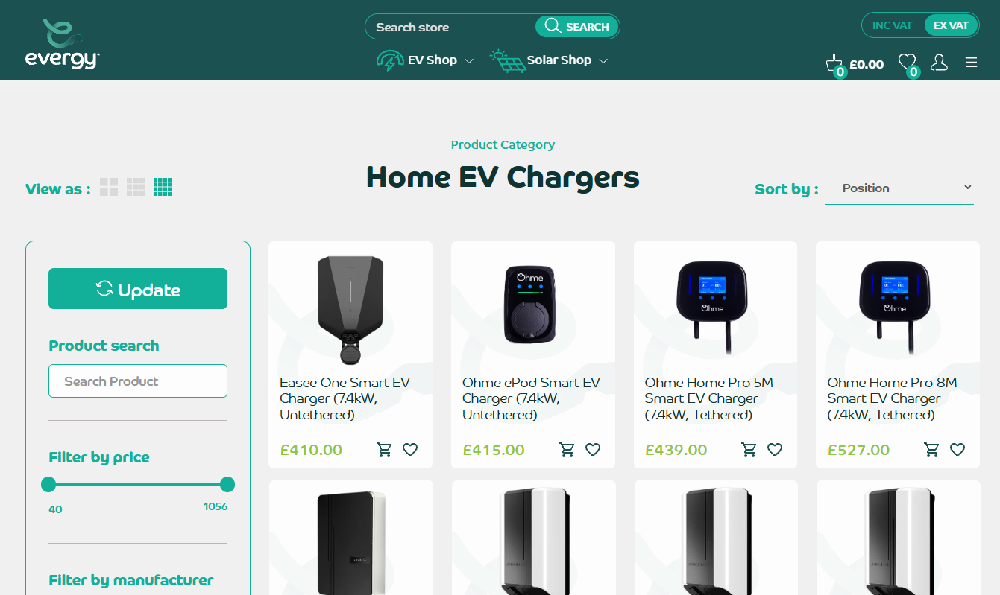 Screenshot of Evergy's website showing home EV chargers and filters.